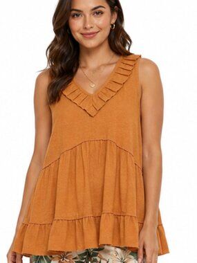 New Gigio M 8 10 Apricot Clay Solid & Dot Uragiri Woven Mix V Neck Tunic